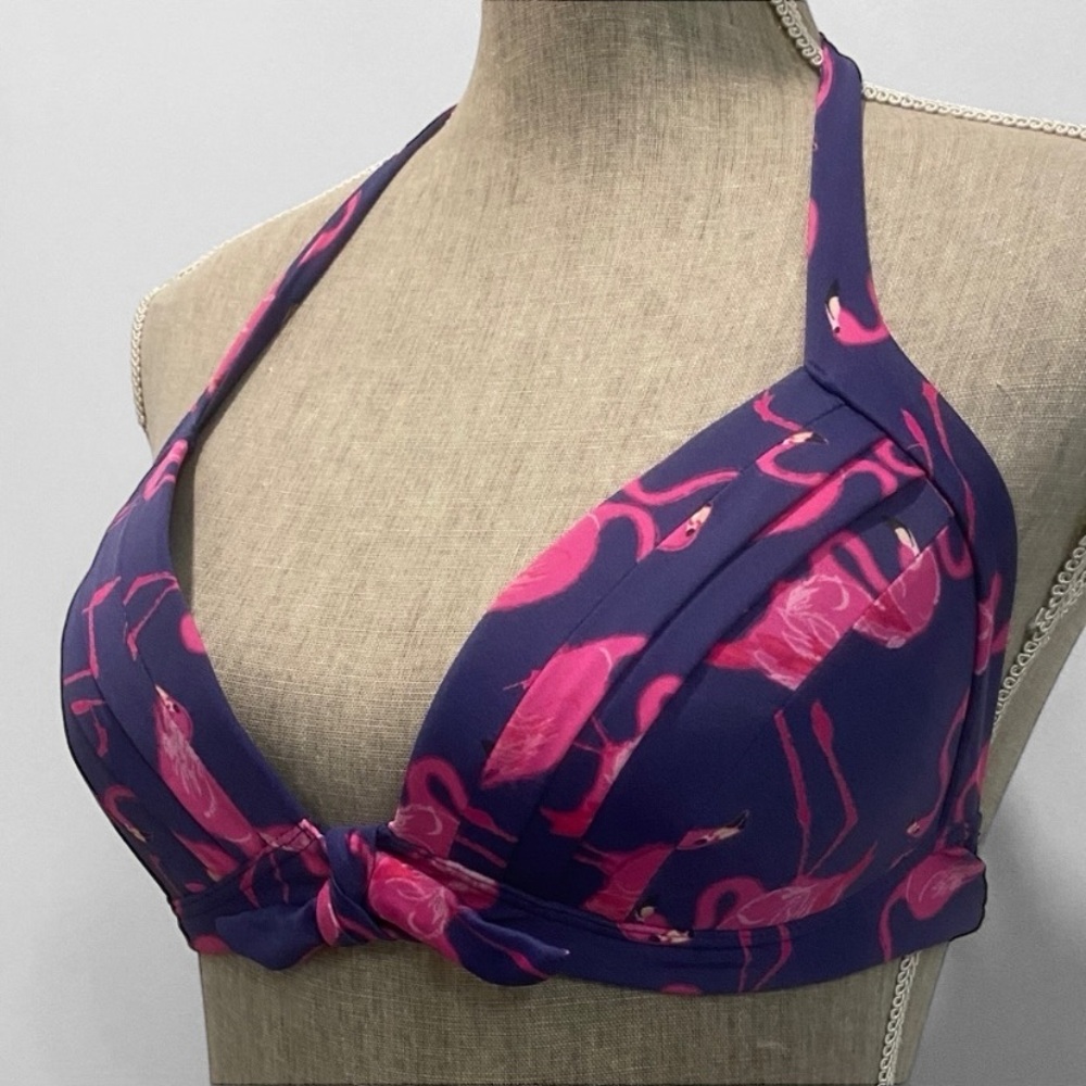 Unique Vintage Flamingo Print Halter Bikini Top Size Medium Navy Pink Retro